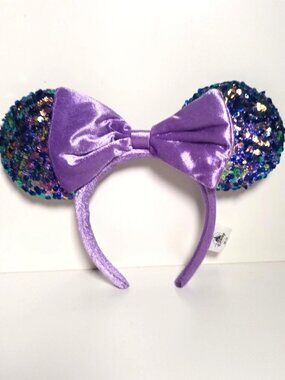 Disney Parks Amethyst Purple Sequin Minnie Mouse Ears Headband Velour Bow